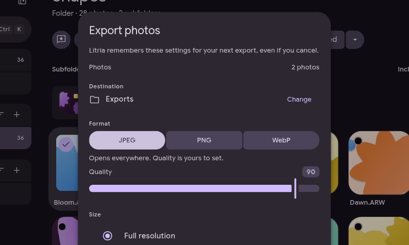 The Export photos dialog for two photos, with the destination folder, the format and the quality