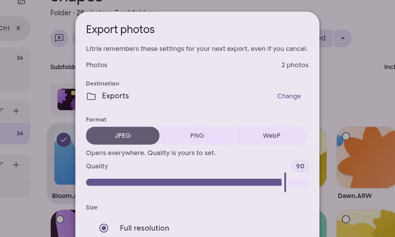 The Export photos dialog for two photos, with the destination folder, the format and the quality