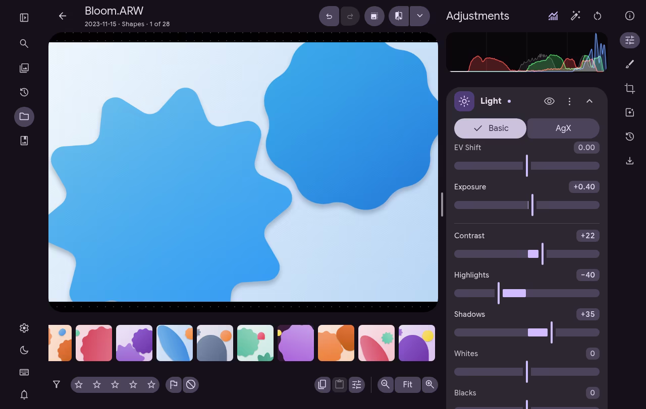 The Litria editor developing a RAW photo, with its histogram and Light sliders beside it and the shoot in a filmstrip below
