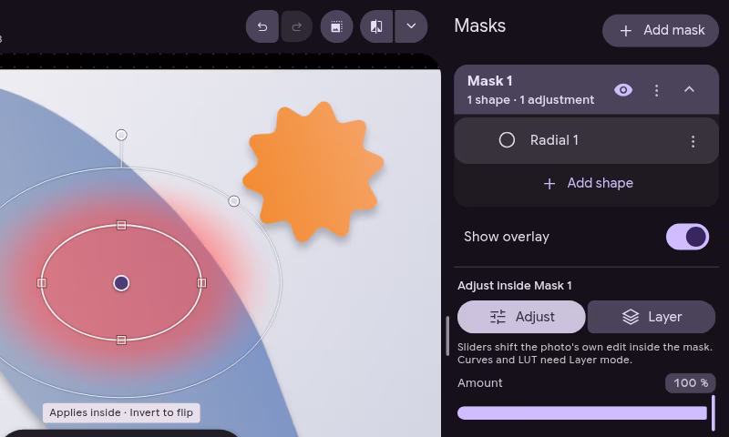 A radial gradient mask on a photo, its handles and overlay showing, beside the Masks panel