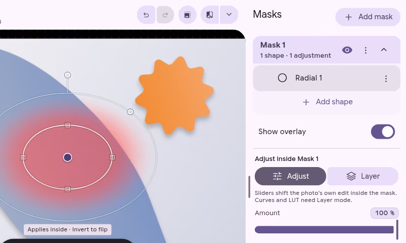 A radial gradient mask on a photo, its handles and overlay showing, beside the Masks panel